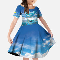 Personalised Palau Kayangel Atoll Family Matching Mermaid Dress and Hawaiian Shirt Turtle With Coral Reef Under Water LT9 Daughter's Dress Blue - Polynesian Pride
