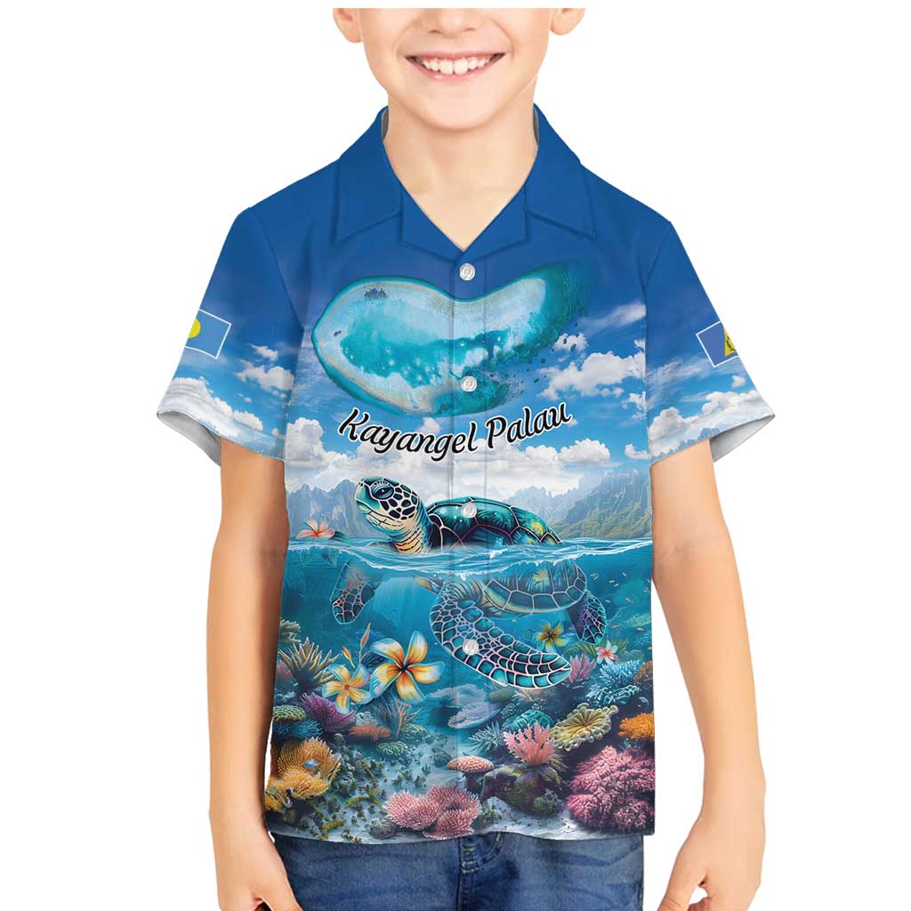 Personalised Palau Kayangel Atoll Family Matching Mermaid Dress and Hawaiian Shirt Turtle With Coral Reef Under Water LT9 Son's Shirt Blue - Polynesian Pride