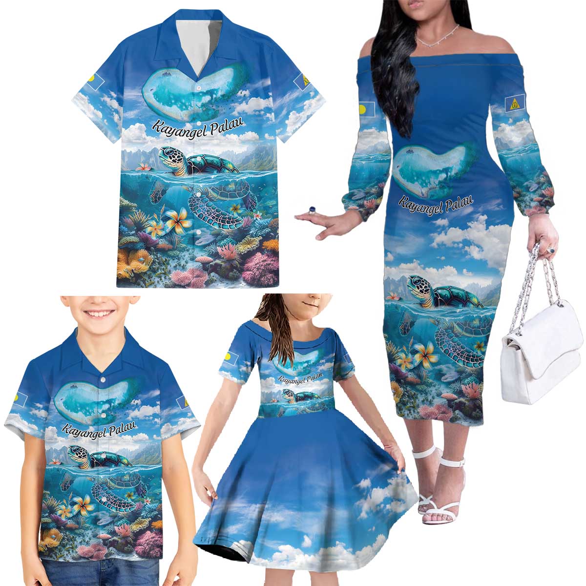 Personalised Palau Kayangel Atoll Family Matching Off The Shoulder Long Sleeve Dress and Hawaiian Shirt Turtle With Coral Reef Under Water LT9 - Polynesian Pride