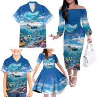Personalised Palau Kayangel Atoll Family Matching Off The Shoulder Long Sleeve Dress and Hawaiian Shirt Turtle With Coral Reef Under Water LT9 - Polynesian Pride