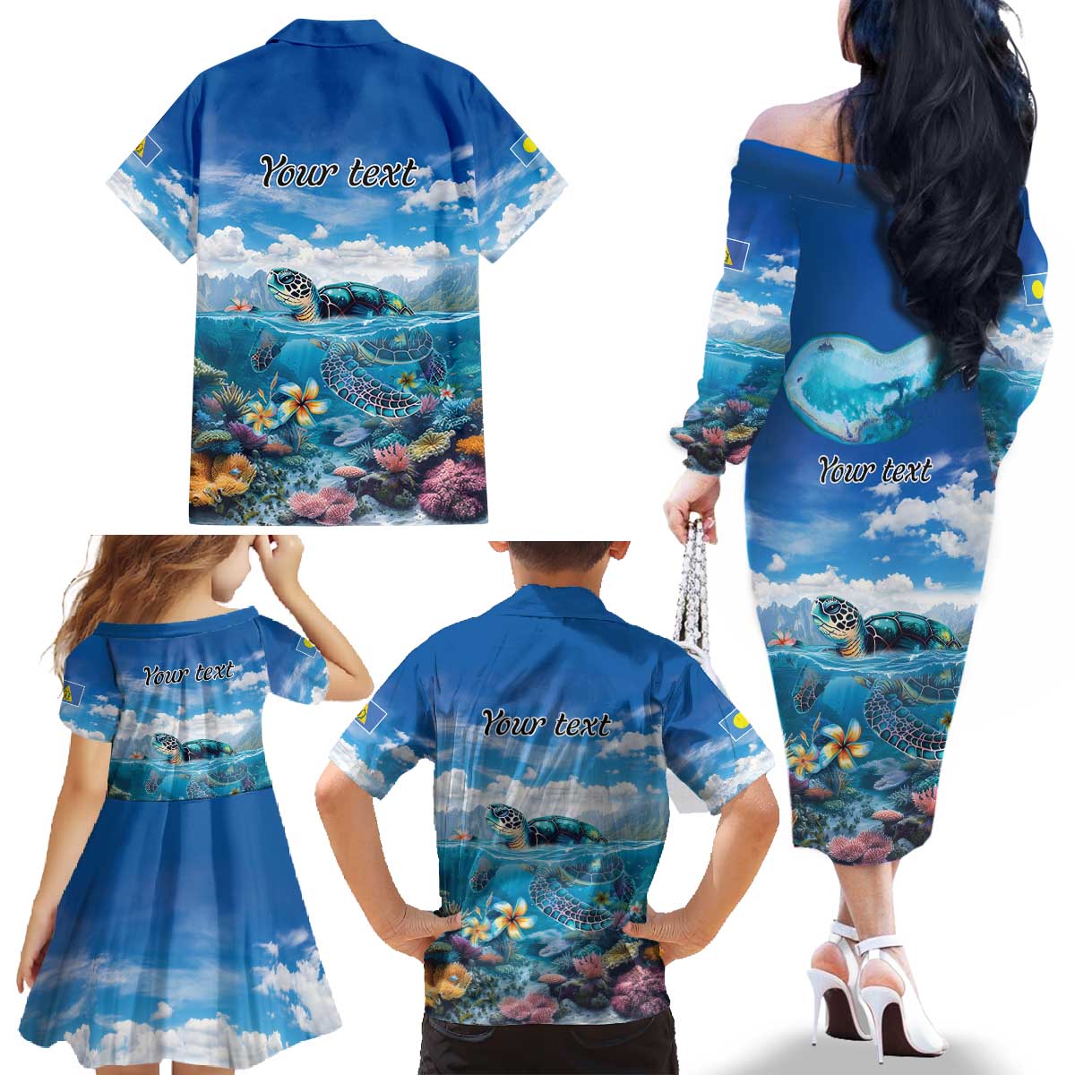 Personalised Palau Kayangel Atoll Family Matching Off The Shoulder Long Sleeve Dress and Hawaiian Shirt Turtle With Coral Reef Under Water LT9 - Polynesian Pride