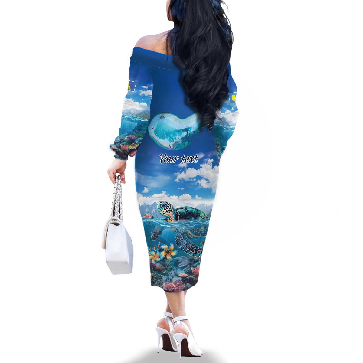 Personalised Palau Kayangel Atoll Family Matching Off The Shoulder Long Sleeve Dress and Hawaiian Shirt Turtle With Coral Reef Under Water LT9 - Polynesian Pride