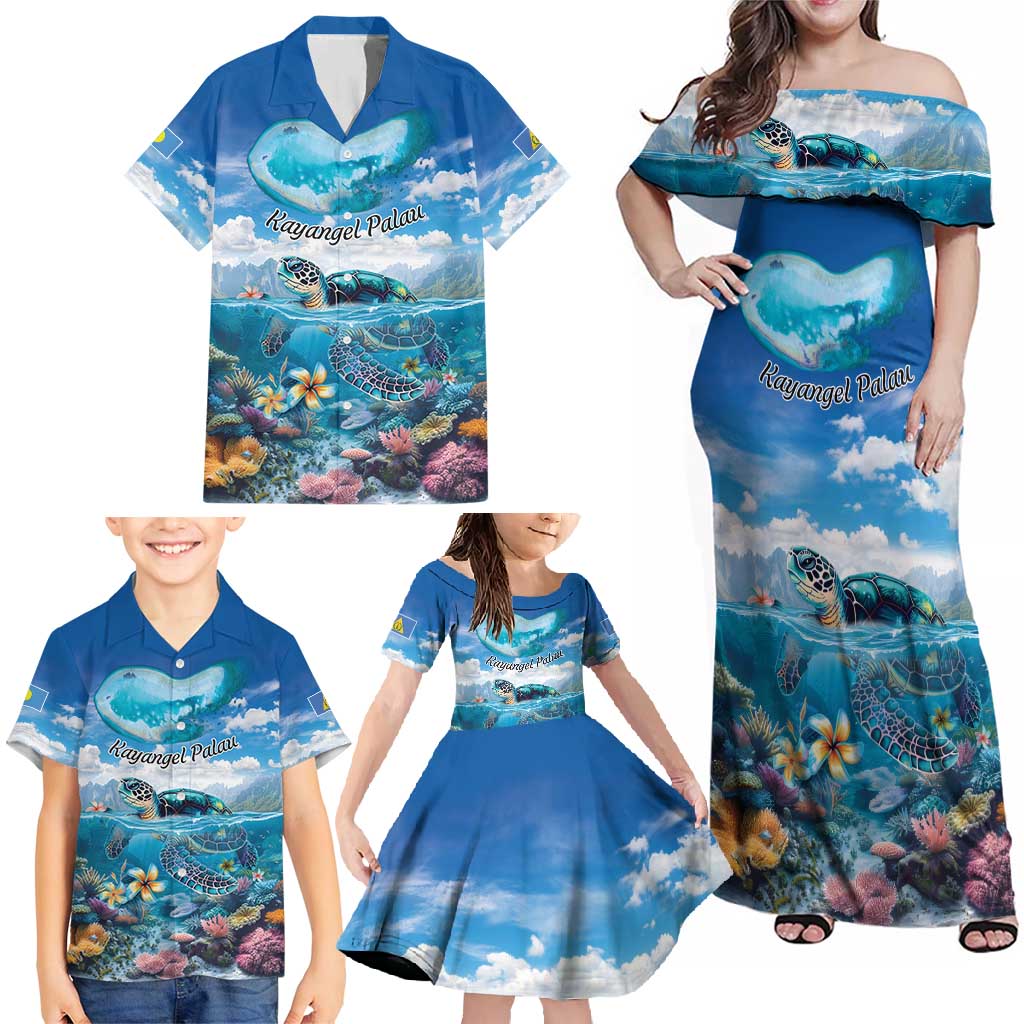 Personalised Palau Kayangel Atoll Family Matching Off Shoulder Maxi Dress and Hawaiian Shirt Turtle With Coral Reef Under Water LT9 - Polynesian Pride