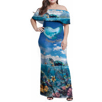 Personalised Palau Kayangel Atoll Family Matching Off Shoulder Maxi Dress and Hawaiian Shirt Turtle With Coral Reef Under Water LT9 Mom's Dress Blue - Polynesian Pride