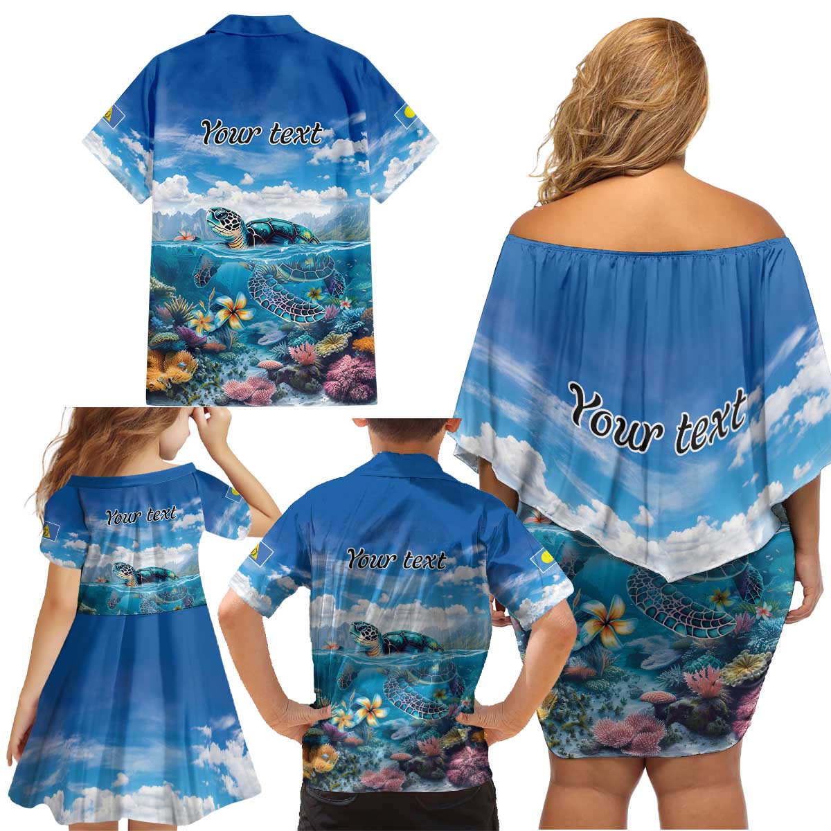 Personalised Palau Kayangel Atoll Family Matching Off Shoulder Short Dress and Hawaiian Shirt Turtle With Coral Reef Under Water LT9 - Polynesian Pride