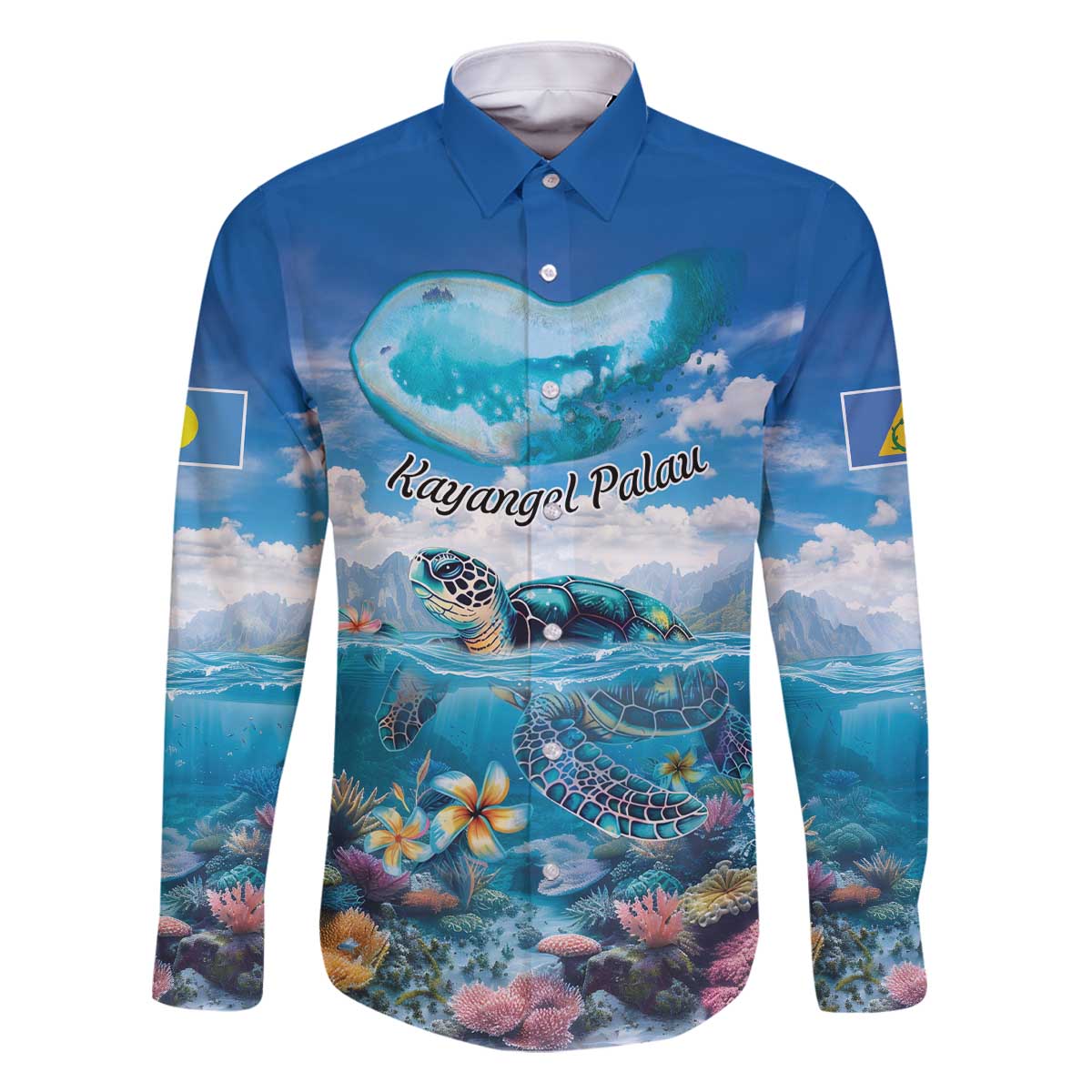 Personalised Palau Kayangel Atoll Family Matching Off Shoulder Short Dress and Hawaiian Shirt Turtle With Coral Reef Under Water LT9 Dad's Shirt - Long Sleeve Blue - Polynesian Pride