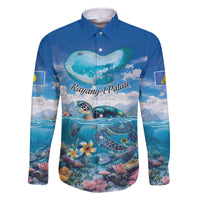Personalised Palau Kayangel Atoll Family Matching Off Shoulder Short Dress and Hawaiian Shirt Turtle With Coral Reef Under Water LT9 Dad's Shirt - Long Sleeve Blue - Polynesian Pride