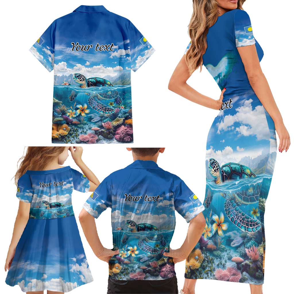 Personalised Palau Kayangel Atoll Family Matching Short Sleeve Bodycon Dress and Hawaiian Shirt Turtle With Coral Reef Under Water LT9 - Polynesian Pride