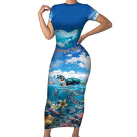Personalised Palau Kayangel Atoll Family Matching Short Sleeve Bodycon Dress and Hawaiian Shirt Turtle With Coral Reef Under Water LT9 Mom's Dress Blue - Polynesian Pride