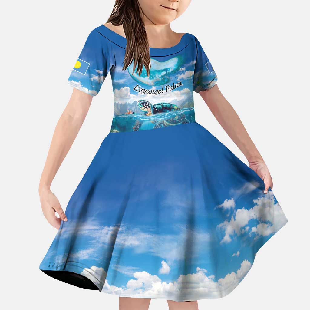 Personalised Palau Kayangel Atoll Family Matching Tank Maxi Dress and Hawaiian Shirt Turtle With Coral Reef Under Water LT9 Daughter's Dress Blue - Polynesian Pride
