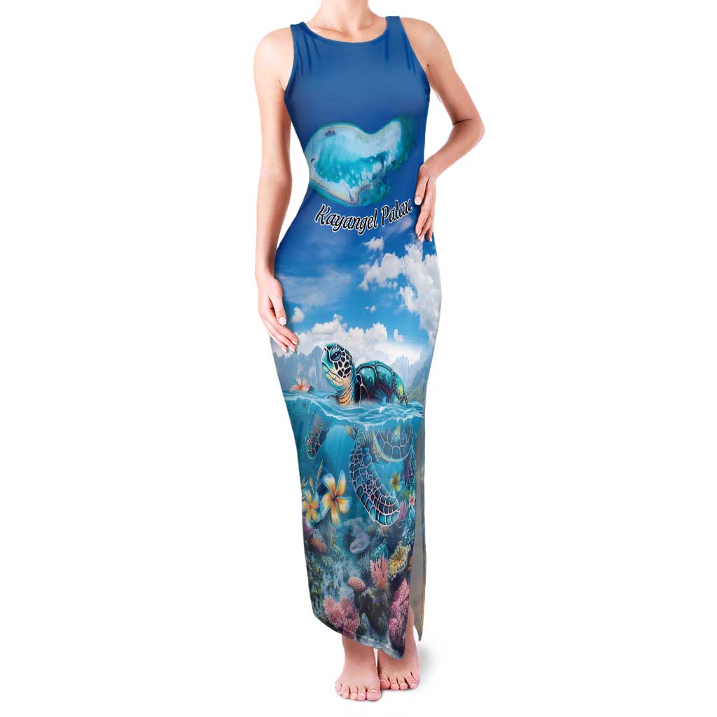Personalised Palau Kayangel Atoll Family Matching Tank Maxi Dress and Hawaiian Shirt Turtle With Coral Reef Under Water LT9 Mom's Dress Blue - Polynesian Pride