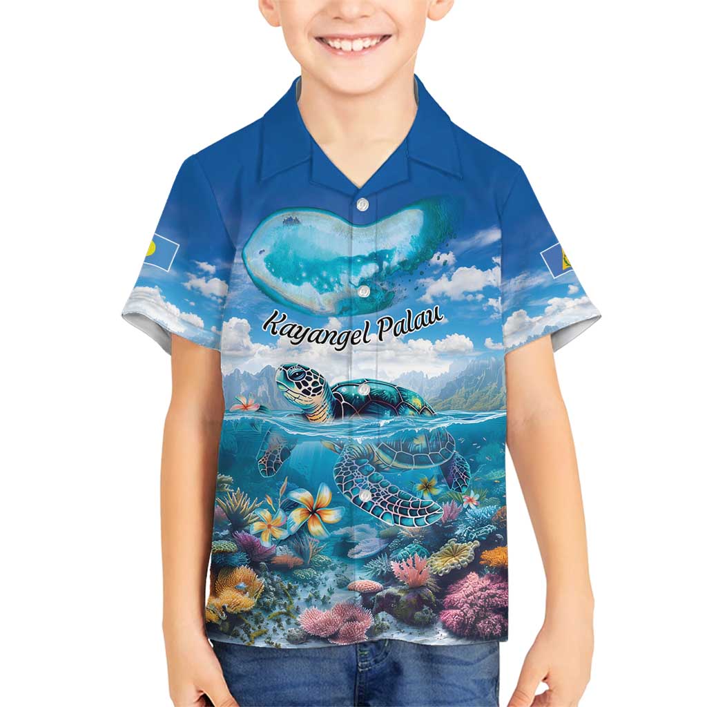 Personalised Palau Kayangel Atoll Family Matching Tank Maxi Dress and Hawaiian Shirt Turtle With Coral Reef Under Water LT9 Son's Shirt Blue - Polynesian Pride