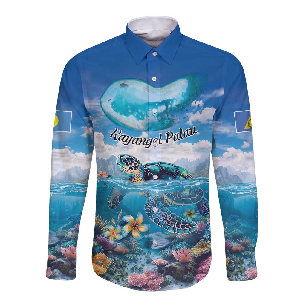 Personalised Palau Kayangel Atoll Long Sleeve Button Shirt Turtle With Coral Reef Under Water LT9 Unisex Blue - Polynesian Pride