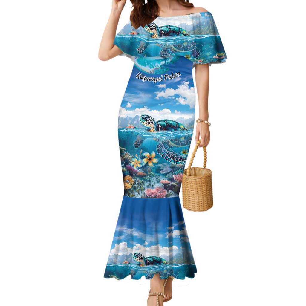 Personalised Palau Kayangel Atoll Mermaid Dress Turtle With Coral Reef Under Water LT9 Women Blue - Polynesian Pride