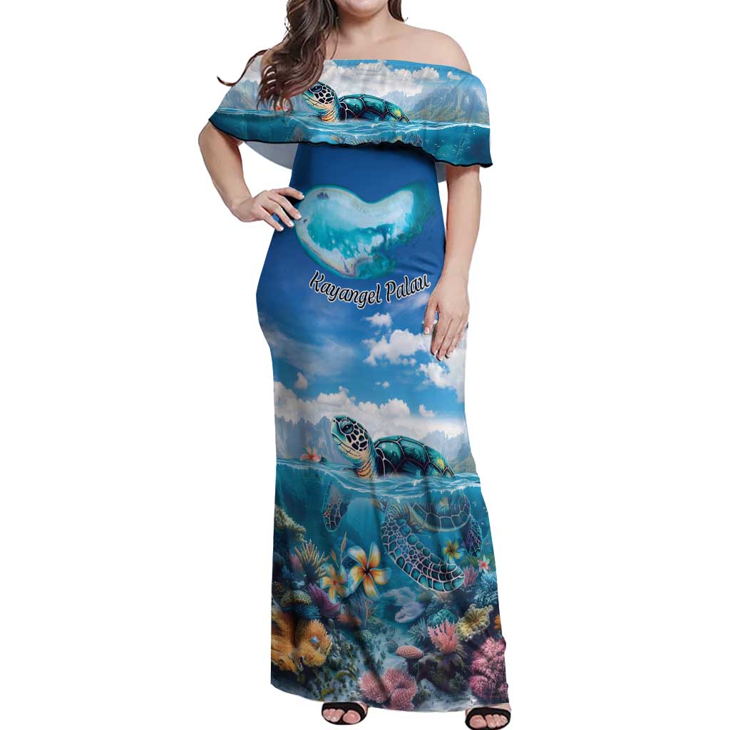Personalised Palau Kayangel Atoll Off Shoulder Maxi Dress Turtle With Coral Reef Under Water LT9 Women Blue - Polynesian Pride