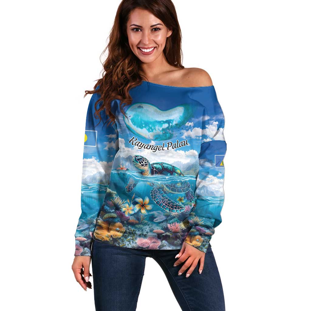 Personalised Palau Kayangel Atoll Off Shoulder Sweater Turtle With Coral Reef Under Water LT9 Women Blue - Polynesian Pride