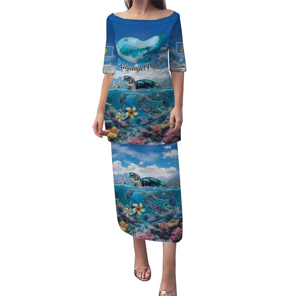 Personalised Palau Kayangel Atoll Puletasi Turtle With Coral Reef Under Water LT9 Long Dress Blue - Polynesian Pride