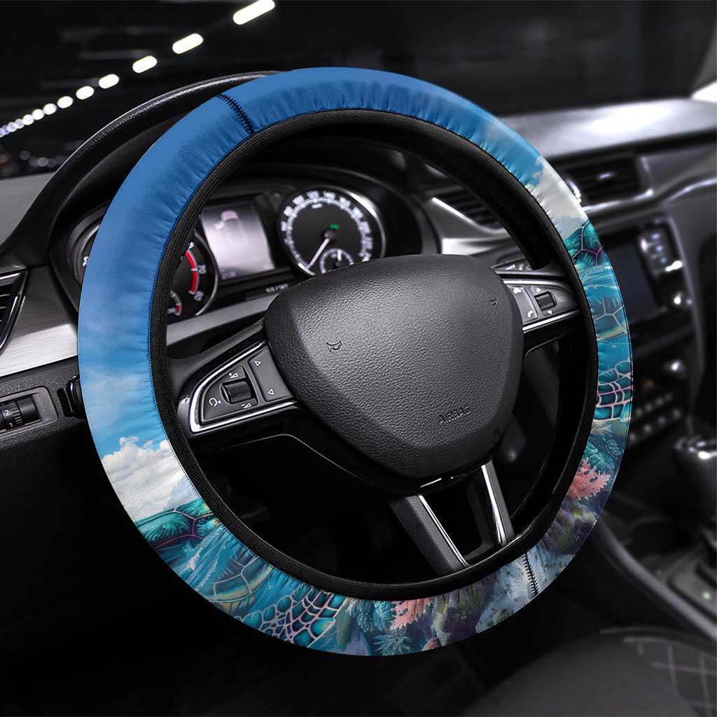 Palau Kayangel Atoll Steering Wheel Cover Turtle With Coral Reef Under Water LT9 Universal Fit Blue - Polynesian Pride