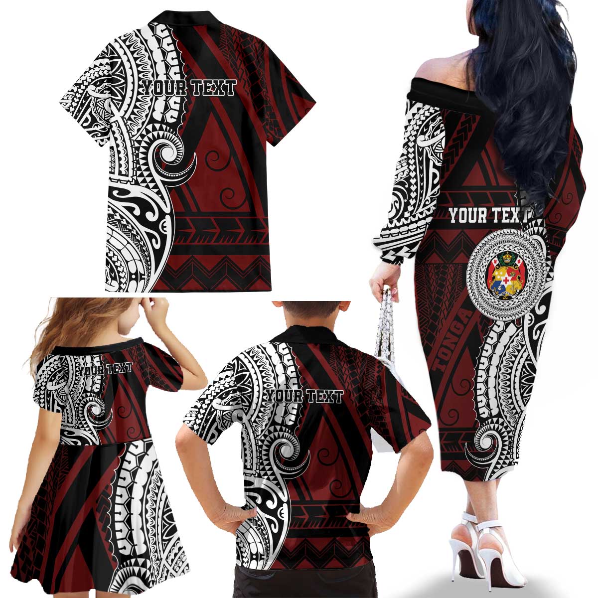 Personalised Tonga Constitution Day 1875 Family Matching Off The Shoulder Long Sleeve Dress and Hawaiian Shirt Polynesian Tribal Tattoo LT9 - Polynesian Pride