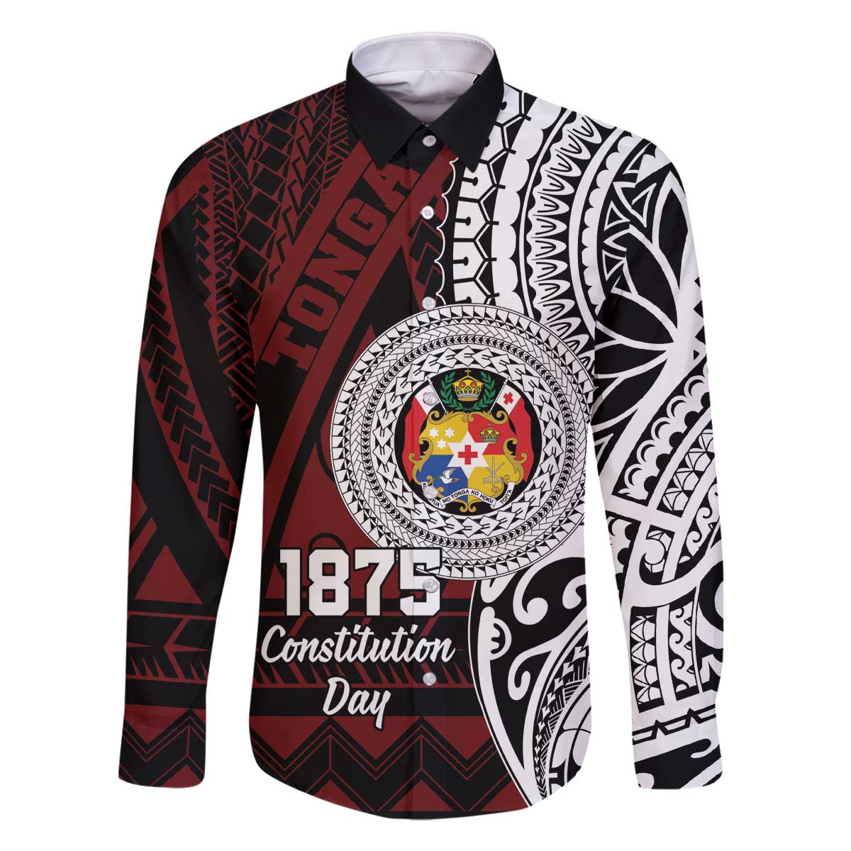 Personalised Tonga Constitution Day 1875 Family Matching Off The Shoulder Long Sleeve Dress and Hawaiian Shirt Polynesian Tribal Tattoo LT9 Dad's Shirt - Long Sleeve Red - Polynesian Pride