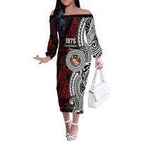 Personalised Tonga Constitution Day 1875 Family Matching Off The Shoulder Long Sleeve Dress and Hawaiian Shirt Polynesian Tribal Tattoo LT9 Mom's Dress Red - Polynesian Pride