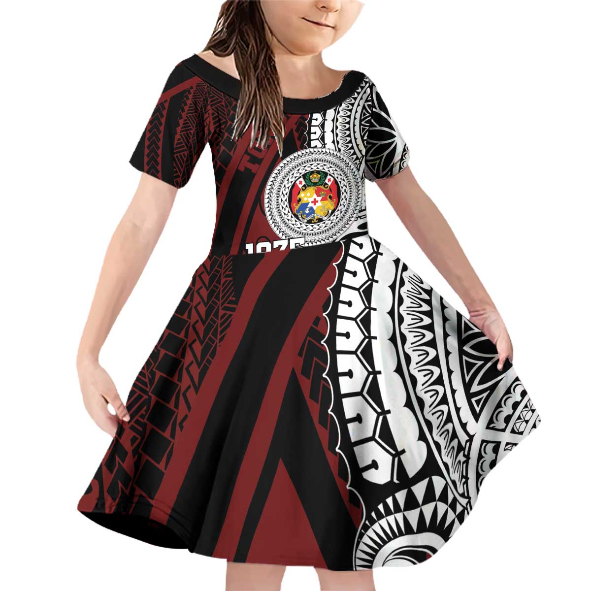 Personalised Tonga Constitution Day 1875 Family Matching Off Shoulder Short Dress and Hawaiian Shirt Polynesian Tribal Tattoo LT9 Daughter's Dress Red - Polynesian Pride