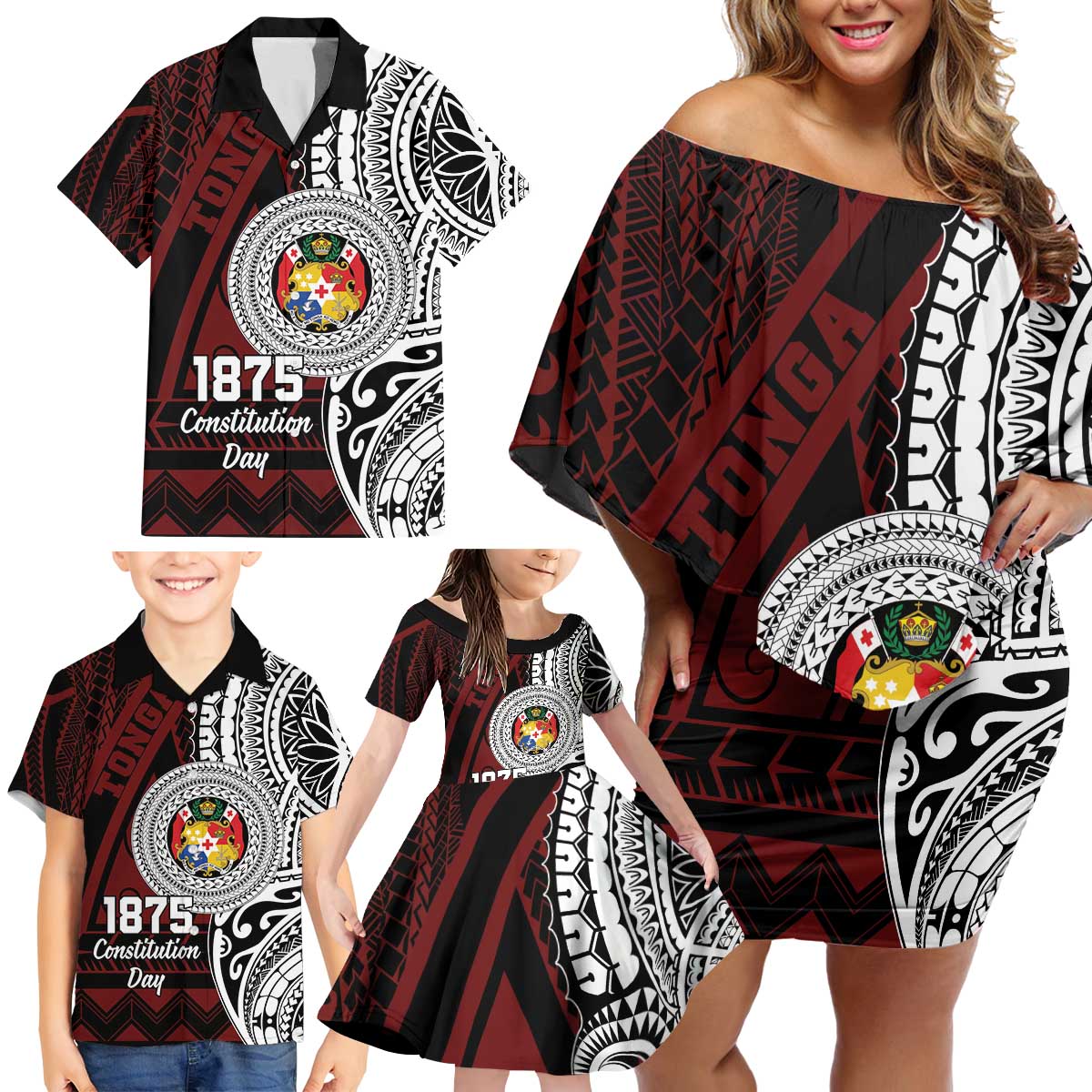 Personalised Tonga Constitution Day 1875 Family Matching Off Shoulder Short Dress and Hawaiian Shirt Polynesian Tribal Tattoo LT9 - Polynesian Pride