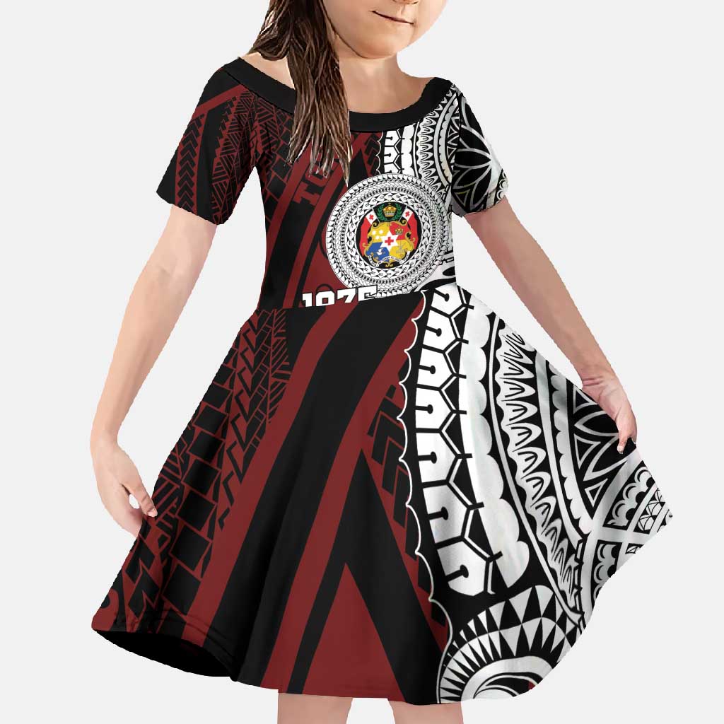 Personalised Tonga Constitution Day 1875 Family Matching Tank Maxi Dress and Hawaiian Shirt Polynesian Tribal Tattoo LT9 Daughter's Dress Red - Polynesian Pride