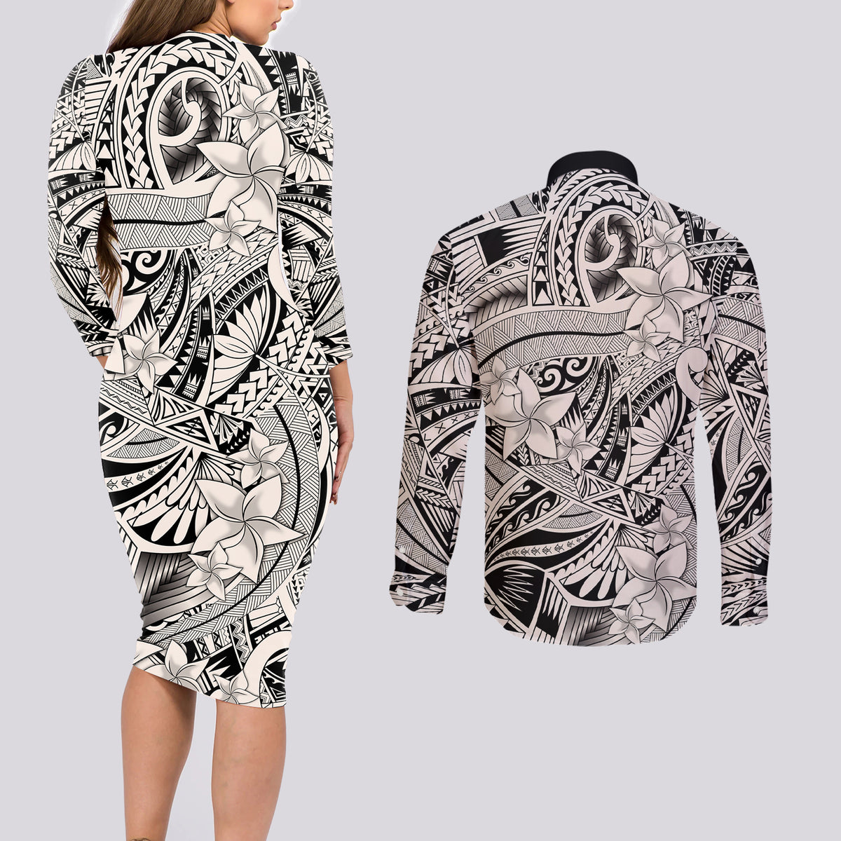 Polynesia Couples Matching Long Sleeve Bodycon Dress and Long Sleeve Button Shirt Tribal Polynesian Spirit With Beige Pacific Flowers LT9 - Polynesian Pride