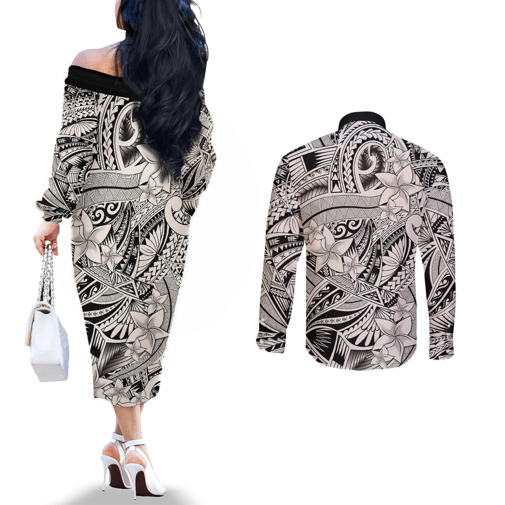Polynesia Couples Matching Off The Shoulder Long Sleeve Dress and Long Sleeve Button Shirt Tribal Polynesian Spirit With Beige Pacific Flowers LT9 - Polynesian Pride