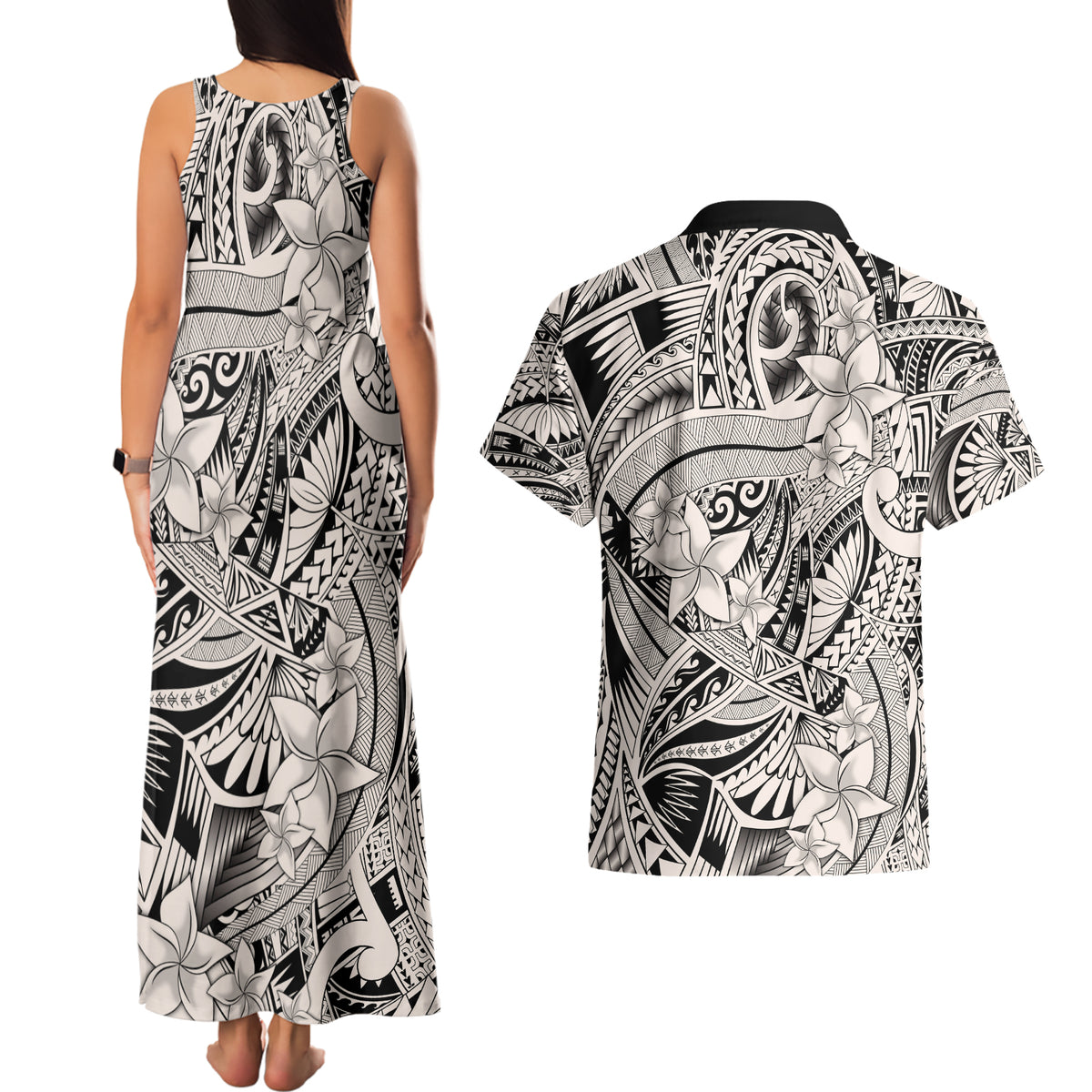 Polynesia Couples Matching Tank Maxi Dress and Hawaiian Shirt Tribal Polynesian Spirit With Beige Pacific Flowers LT9 - Polynesian Pride