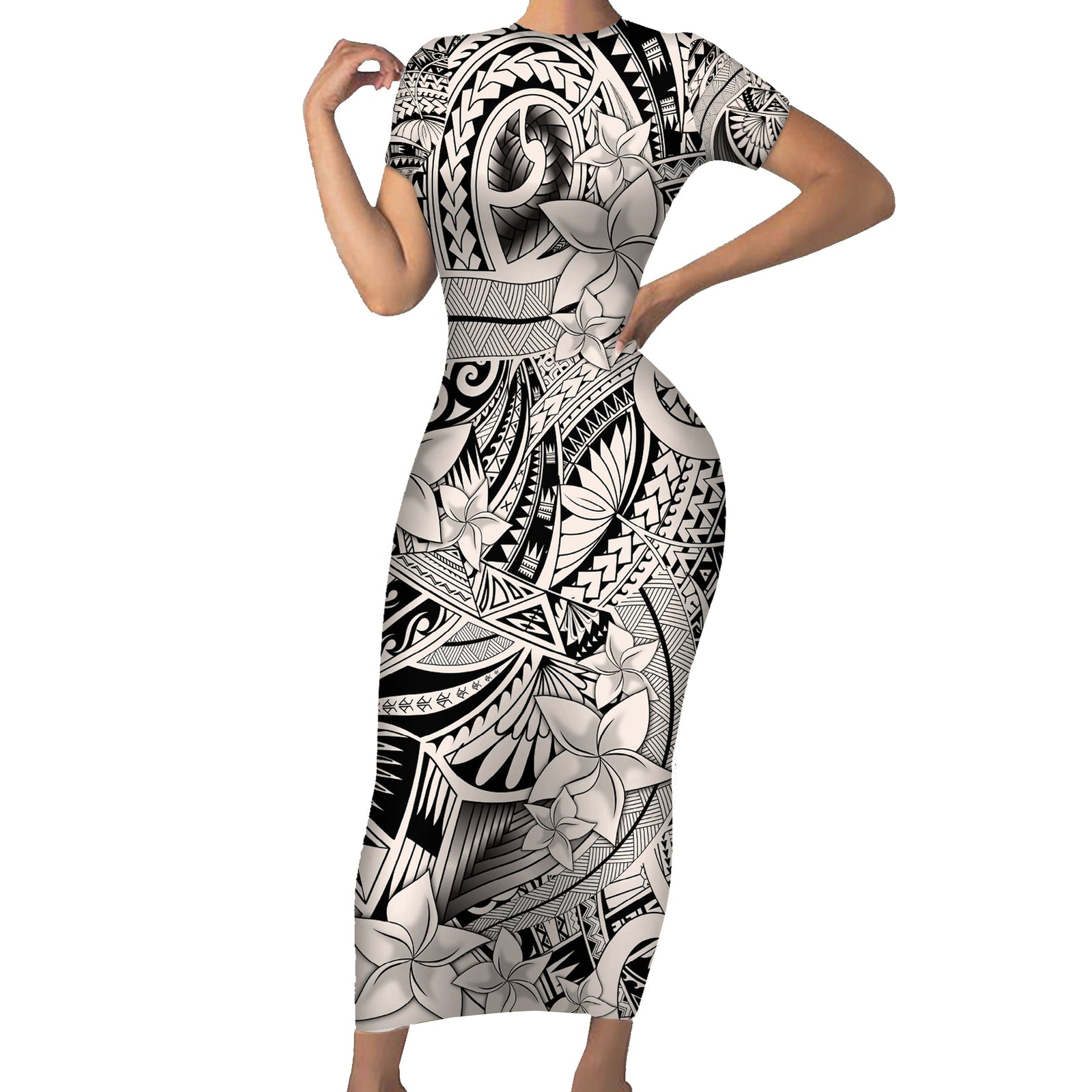 Polynesia Short Sleeve Bodycon Dress Tribal Polynesian Spirit With Beige Pacific Flowers LT9 Long Dress Beige - Polynesian Pride