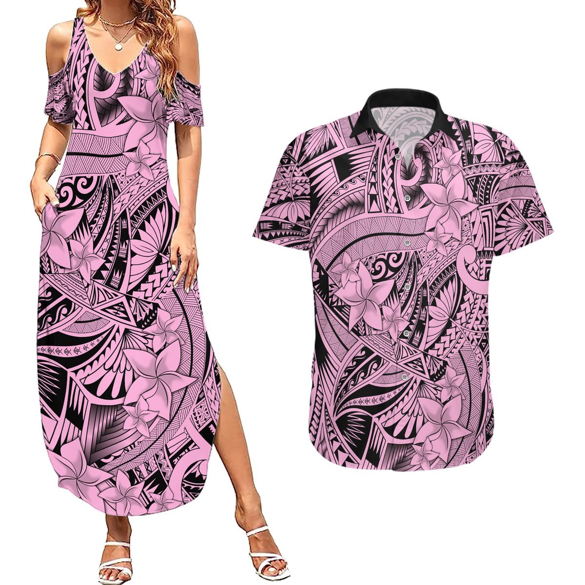 Polynesia Couples Matching Summer Maxi Dress and Hawaiian Shirt Tribal Polynesian Spirit With Pink Pacific Flowers LT9 Pink - Polynesian Pride