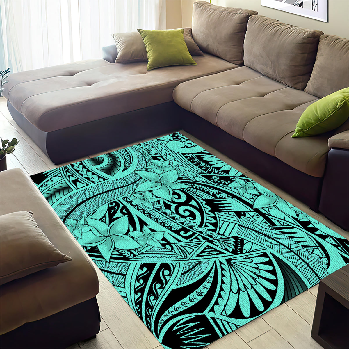 Polynesia Area Rug Tribal Polynesian Spirit With Teal Pacific Flowers LT9 - Polynesian Pride