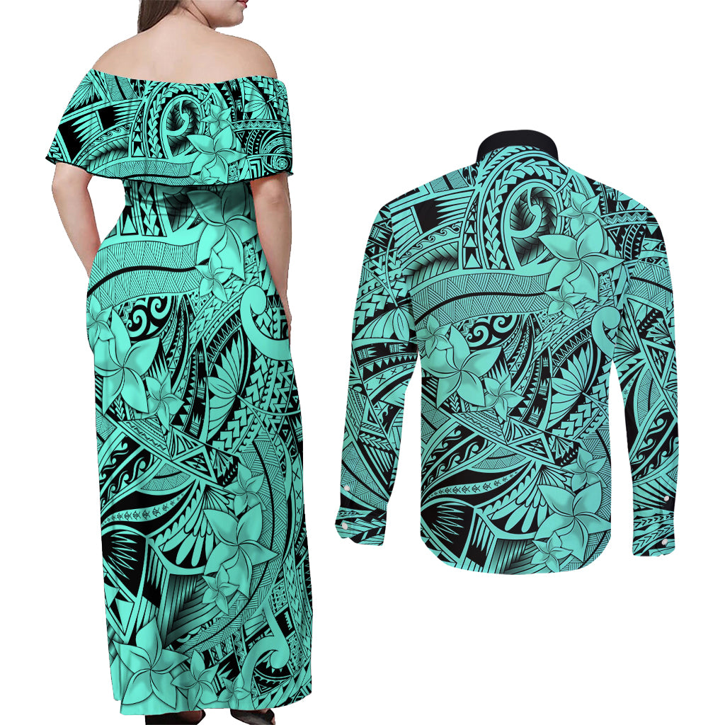 Polynesia Couples Matching Off Shoulder Maxi Dress and Long Sleeve Button Shirt Tribal Polynesian Spirit With Teal Pacific Flowers LT9 - Polynesian Pride