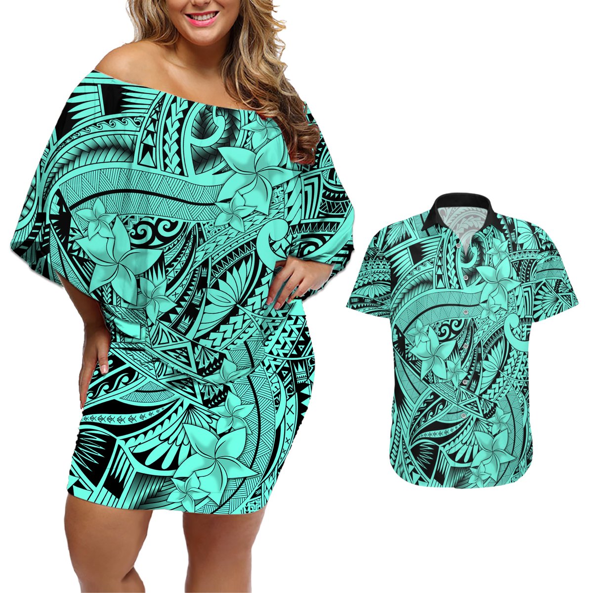 Polynesia Couples Matching Off Shoulder Short Dress and Hawaiian Shirt Tribal Polynesian Spirit With Teal Pacific Flowers LT9 Teal - Polynesian Pride