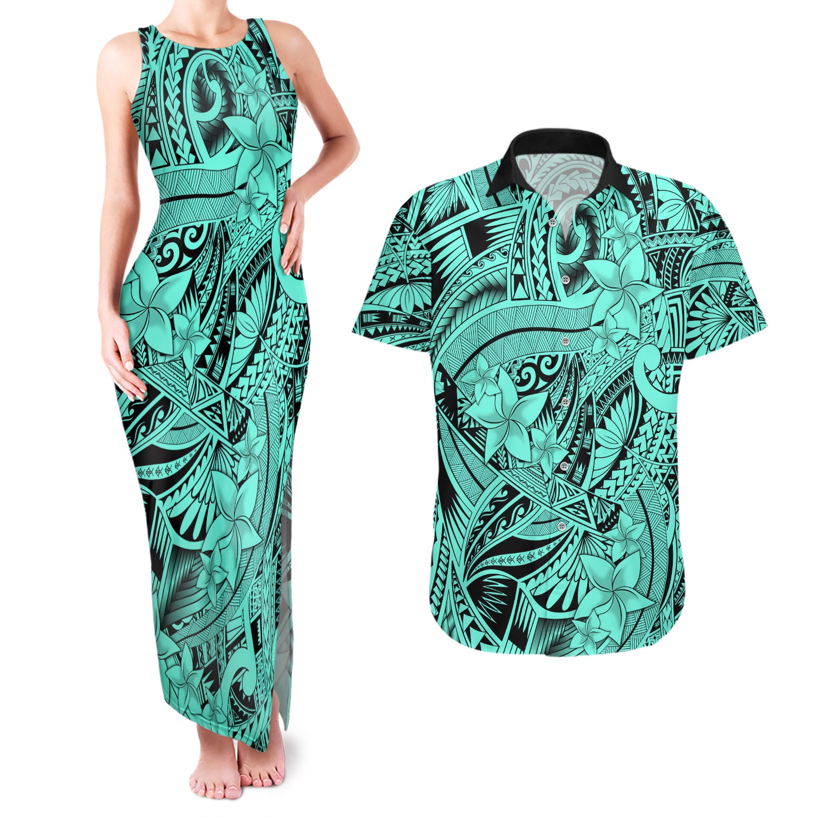 Polynesia Couples Matching Tank Maxi Dress and Hawaiian Shirt Tribal Polynesian Spirit With Teal Pacific Flowers LT9 Teal - Polynesian Pride