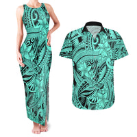 Polynesia Couples Matching Tank Maxi Dress and Hawaiian Shirt Tribal Polynesian Spirit With Teal Pacific Flowers LT9 Teal - Polynesian Pride