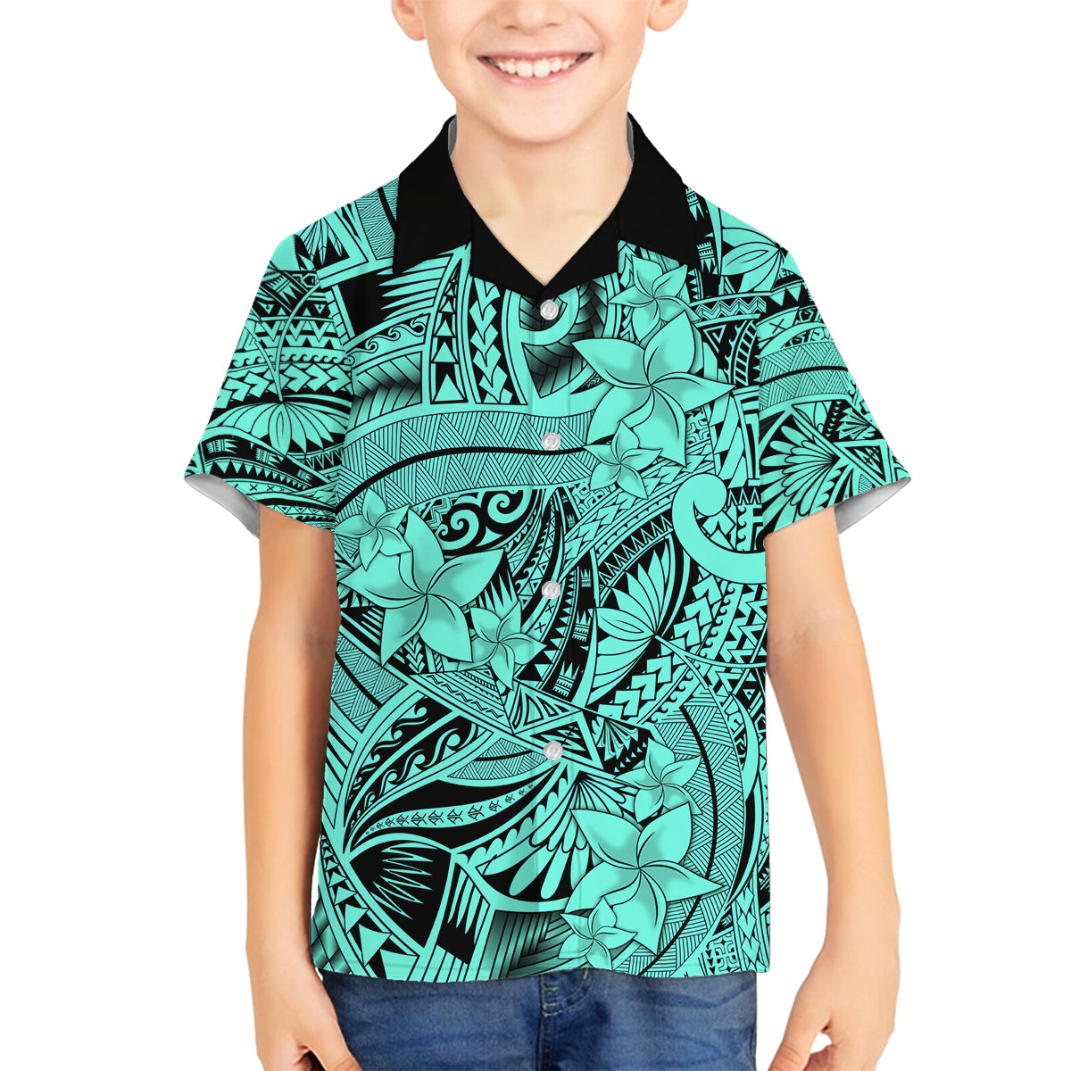 Polynesia Family Matching Off Shoulder Short Dress and Hawaiian Shirt Tribal Polynesian Spirit With Teal Pacific Flowers LT9 Son's Shirt Teal - Polynesian Pride