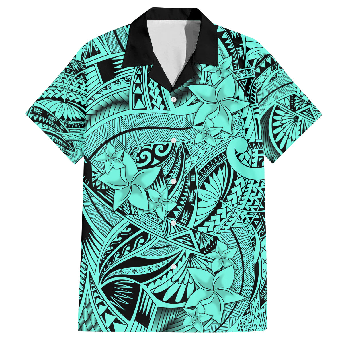 Polynesia Family Matching Tank Maxi Dress and Hawaiian Shirt Tribal Polynesian Spirit With Teal Pacific Flowers LT9 Dad's Shirt - Short Sleeve Teal - Polynesian Pride