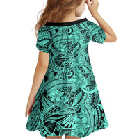 Polynesia Kid Short Sleeve Dress Tribal Polynesian Spirit With Teal Pacific Flowers LT9 - Polynesian Pride
