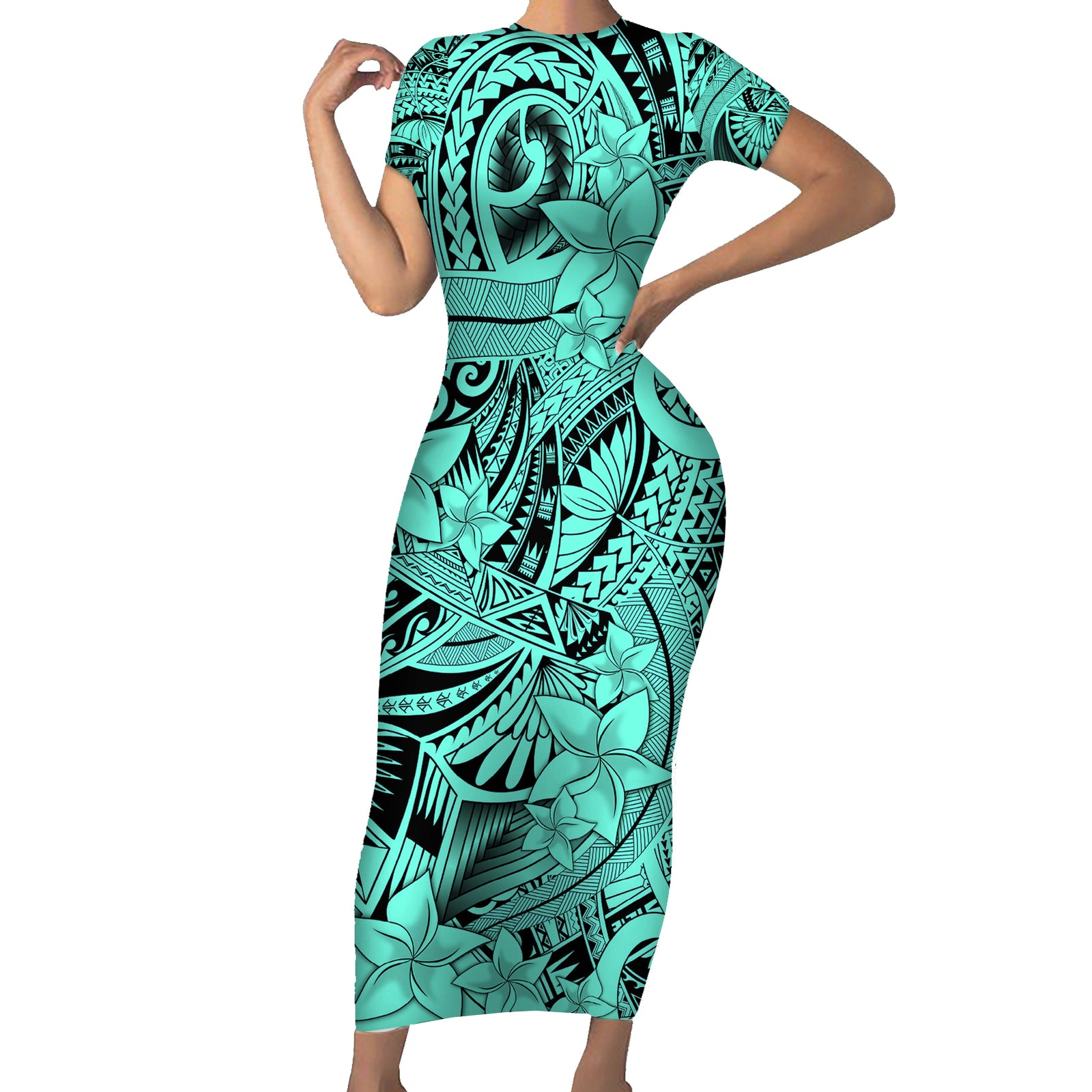 Polynesia Short Sleeve Bodycon Dress Tribal Polynesian Spirit With Teal Pacific Flowers LT9 Long Dress Teal - Polynesian Pride