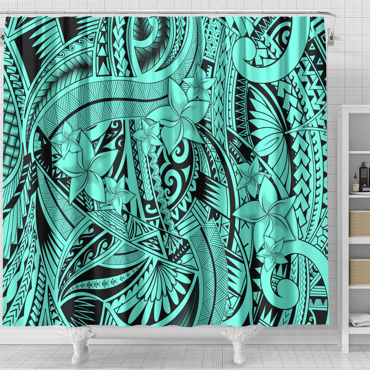 Polynesia Shower Curtain Tribal Polynesian Spirit With Teal Pacific Flowers LT9 - Polynesian Pride