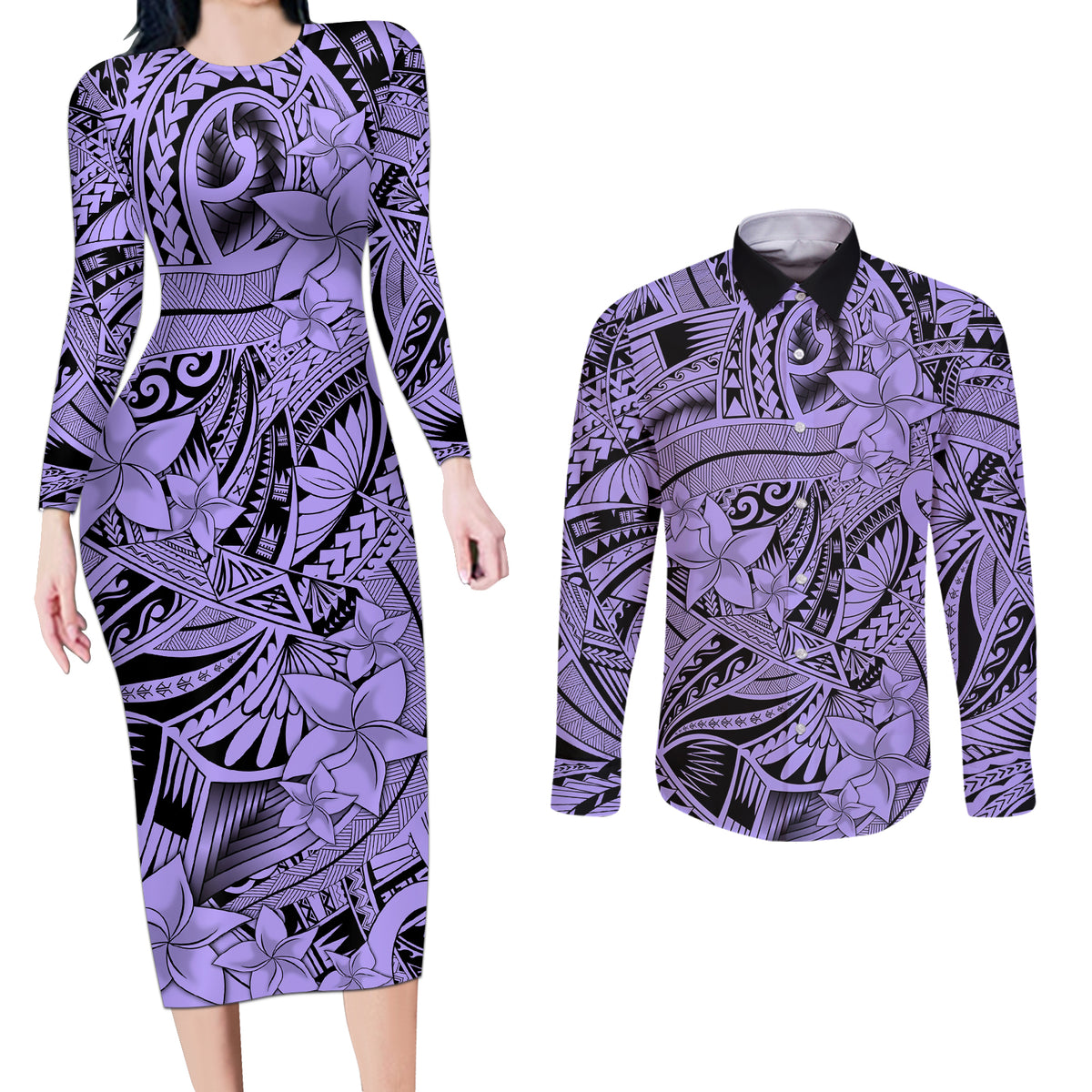 Polynesia Couples Matching Long Sleeve Bodycon Dress and Long Sleeve Button Shirt Tribal Polynesian Spirit With Violet Pacific Flowers LT9 Violet - Polynesian Pride