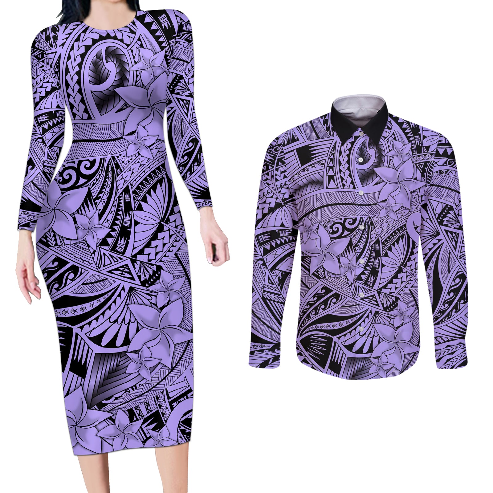 Polynesia Couples Matching Long Sleeve Bodycon Dress and Long Sleeve Button Shirt Tribal Polynesian Spirit With Violet Pacific Flowers LT9 Violet - Polynesian Pride