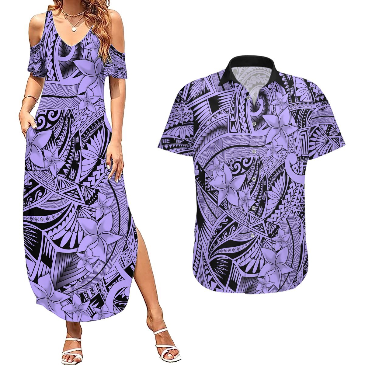 Polynesia Couples Matching Summer Maxi Dress and Hawaiian Shirt Tribal Polynesian Spirit With Violet Pacific Flowers LT9 Violet - Polynesian Pride