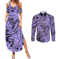 Polynesia Couples Matching Summer Maxi Dress and Long Sleeve Button Shirt Tribal Polynesian Spirit With Violet Pacific Flowers LT9 Violet - Polynesian Pride