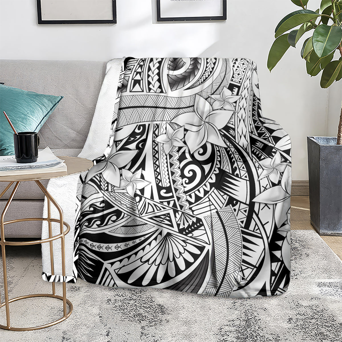 Polynesia Blanket Tribal Polynesian Spirit With White Pacific Flowers LT9 - Polynesian Pride