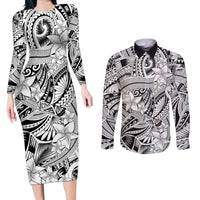 Polynesia Couples Matching Long Sleeve Bodycon Dress and Long Sleeve Button Shirt Tribal Polynesian Spirit With White Pacific Flowers LT9 White - Polynesian Pride