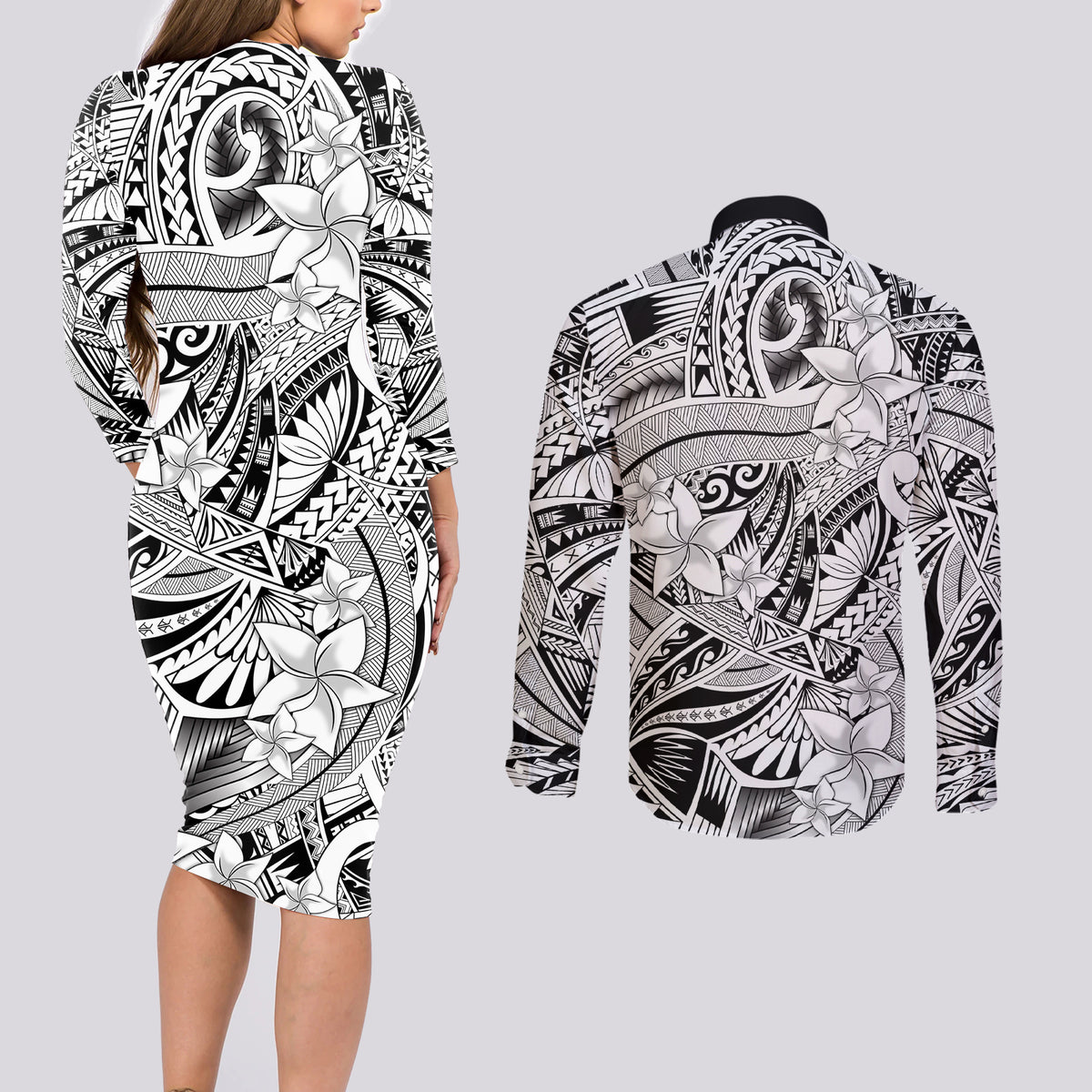 Polynesia Couples Matching Long Sleeve Bodycon Dress and Long Sleeve Button Shirt Tribal Polynesian Spirit With White Pacific Flowers LT9 - Polynesian Pride